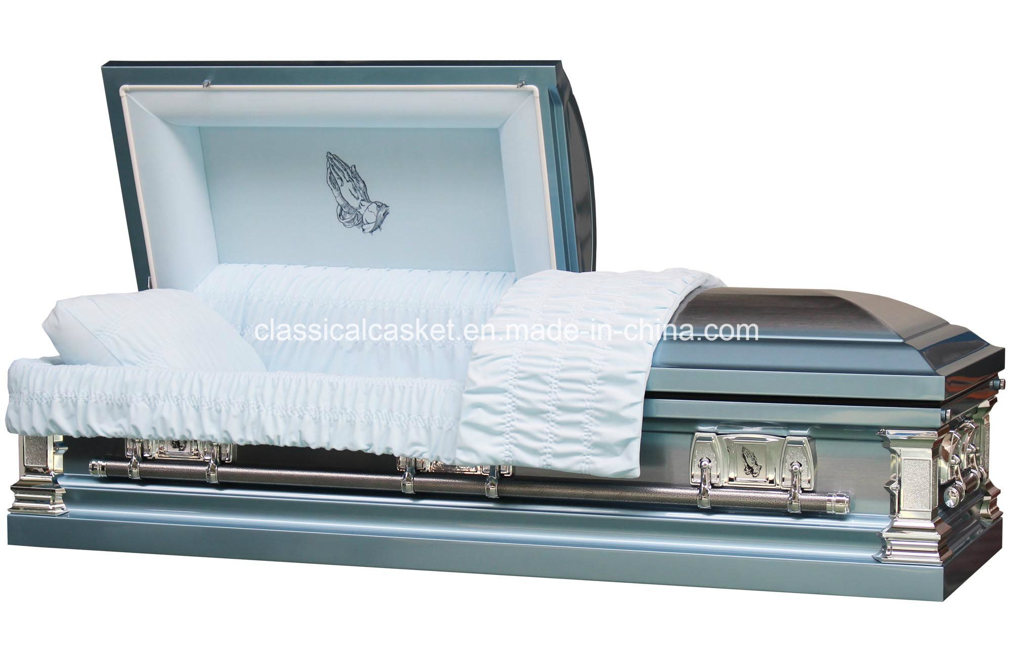 Blue Pray Hand 18 Gauge Steel Brushed Metal Casket